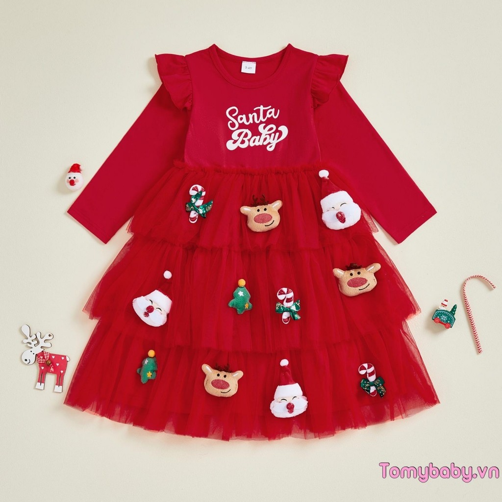 Trẻ Em Bé Gái Giáng Sinh Một Dòng Đầm Ông Già Noel Hươu Trang Trí Cổ Tròn Tay Dài Tuyn Chắp Vá Bánh Váy