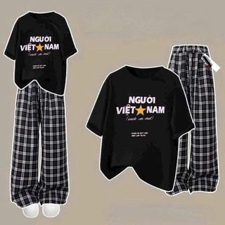 Quần Kẻ caro đen bản to+ kết hợp áo phông su form rộng tay lỡ cotton su mềmm mát-thuba94