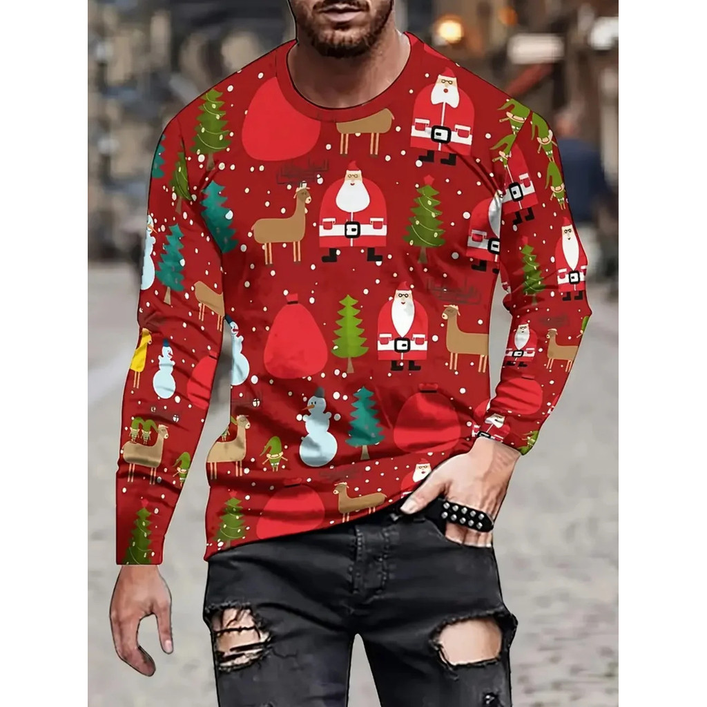 Áo thun dài tay in hình 3D, thiết kế cổ tròn, phù hợp mùa thu với chủ đề Ông già Noel cho Giáng sinh