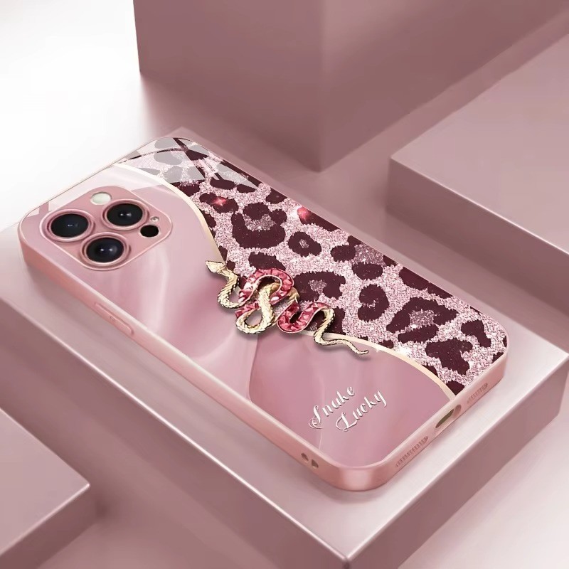 Ốp Điện Thoại Thủy Tinh Sơn Kim Loại Da Báo In Hình Con Rắn Vàng Cho iPhone 17 16 15 14 13 12 11 Pro Max Plus 16E 17Air Cover