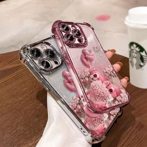 ốp lưng iphone Bảo vệ bốn góc gấu hồng Cho Iphone 7 xs xr 11 12 13 14 15 16 Pro Max Plus