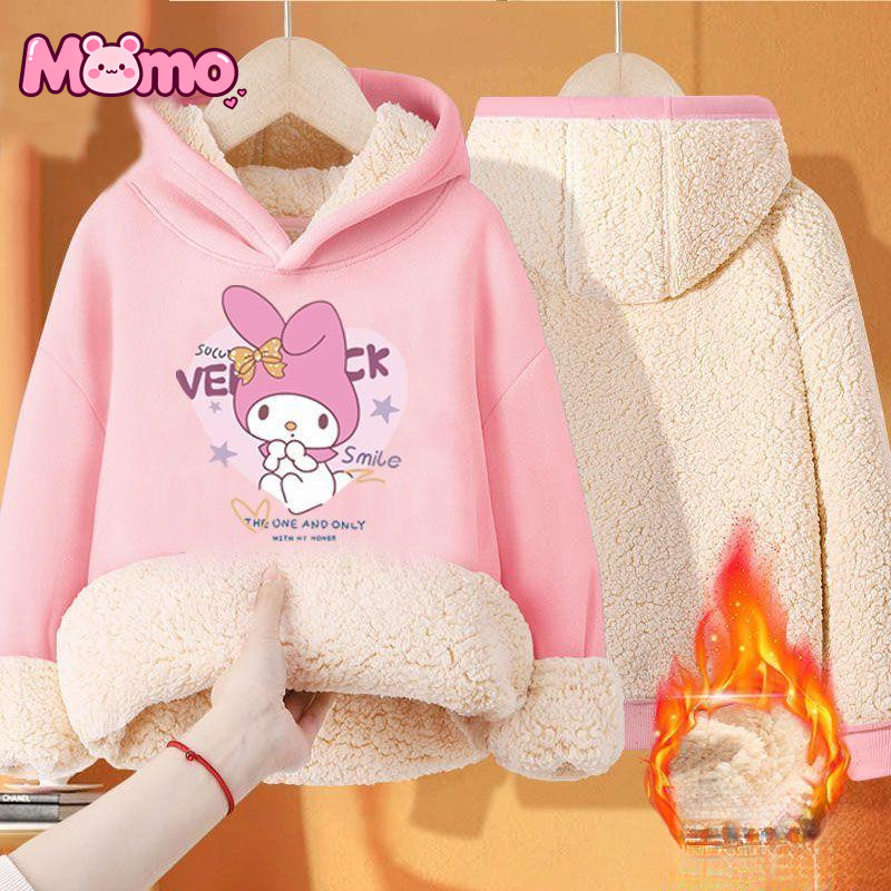 Áo Hoodie cổ tròn bằng len cừu in họa tiết Sanrio Kuromi cho bé gái, áo nỉ cách nhiệt mùa đông