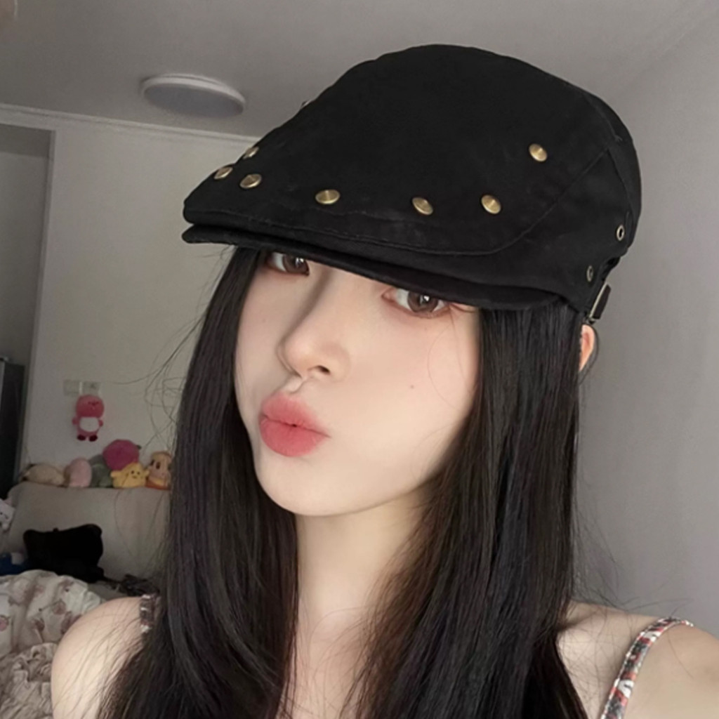 Mũ nồi đinh tán cổ điển nghệ sĩ Y2K phong cách Hàn Quốc, thoải mái điều chỉnh, 3 màu lựa chọn