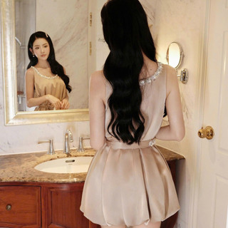 Set váy Khiết Style lụa trượt nâu be phối belt ngọc trai phong cách sang chảnh thanh lịch KS349A