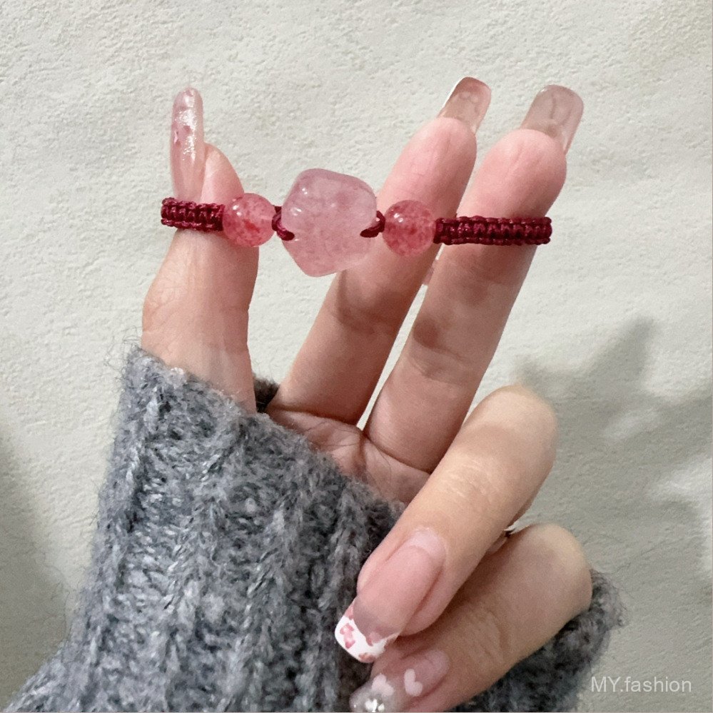 Vòng tay pha lê dâu đào và móng vuốt mèo, cặp đôi màu hồng và đỏ, thiết kế thời trang cho mùa hè