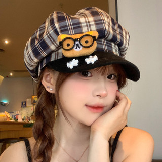 Mũ beret bát giác nữ gấu kính hoạt hình - Kẻ ô vuông, lớn đầu xinh, làm nhỏ khuôn mặt, dễ phối đồ