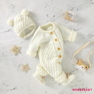 MG-Infant Baby 2 Bộ trang phục mùa đông Áo liền quần dệt kim màu trơn dài tay + Bộ mũ gấu