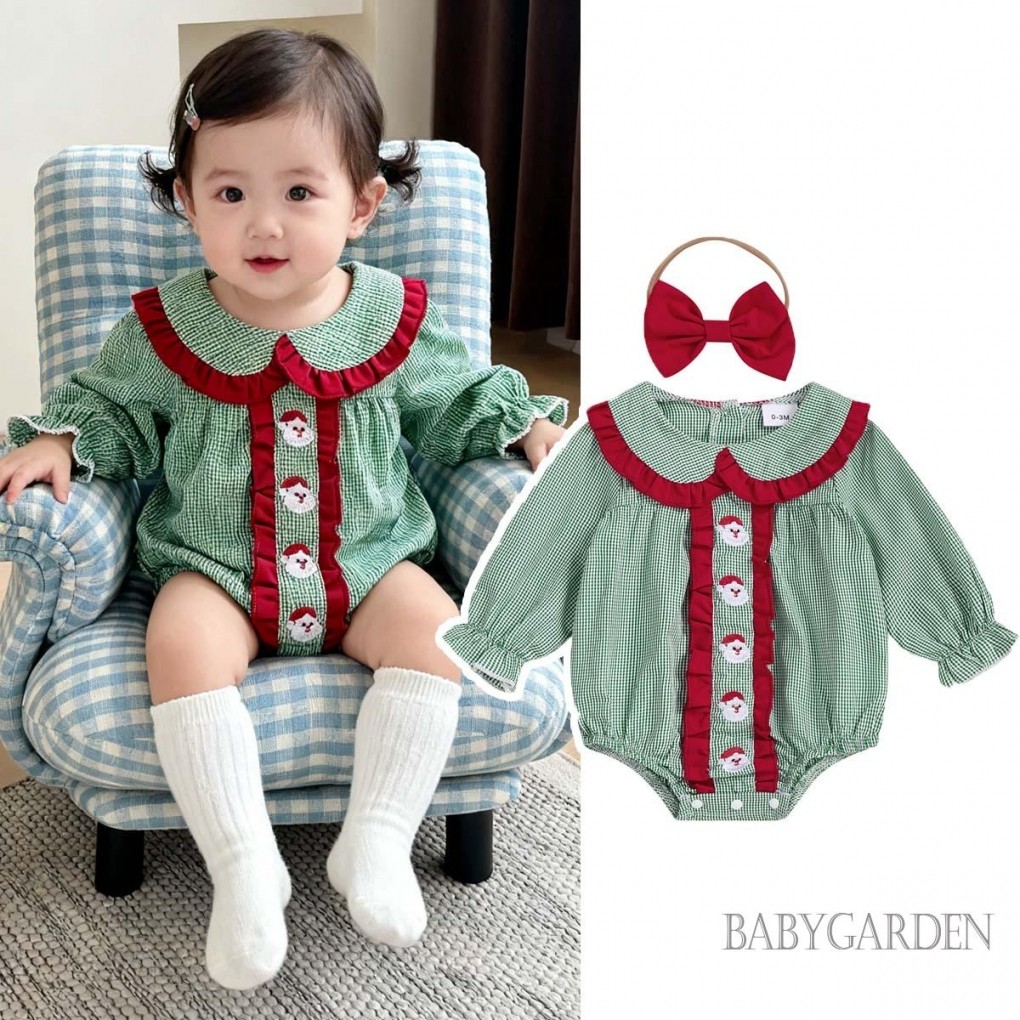 Bé Gái Giáng Sinh Kẻ Sọc Áo Liền Quần Ông Già Noel Thêu Búp Bê Cổ Áo Liền Quần Tay Dài Và Băng Đô Dễ Thương