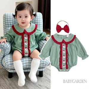 Bé Gái Giáng Sinh Kẻ Sọc Áo Liền Quần Ông Già Noel Thêu Búp Bê Cổ Áo Liền Quần Tay Dài Và Băng Đô Dễ Thương