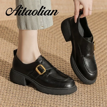(Size 34-40) Da Thật Chính Hãng Giày Cao Gót Cao 5cm Giày Nữ Cổ Điển Giày Đế Bằng Phong Cách Anh Da Nữ Loafers Retro Nữ Giày Tròn Hot Giày Đen