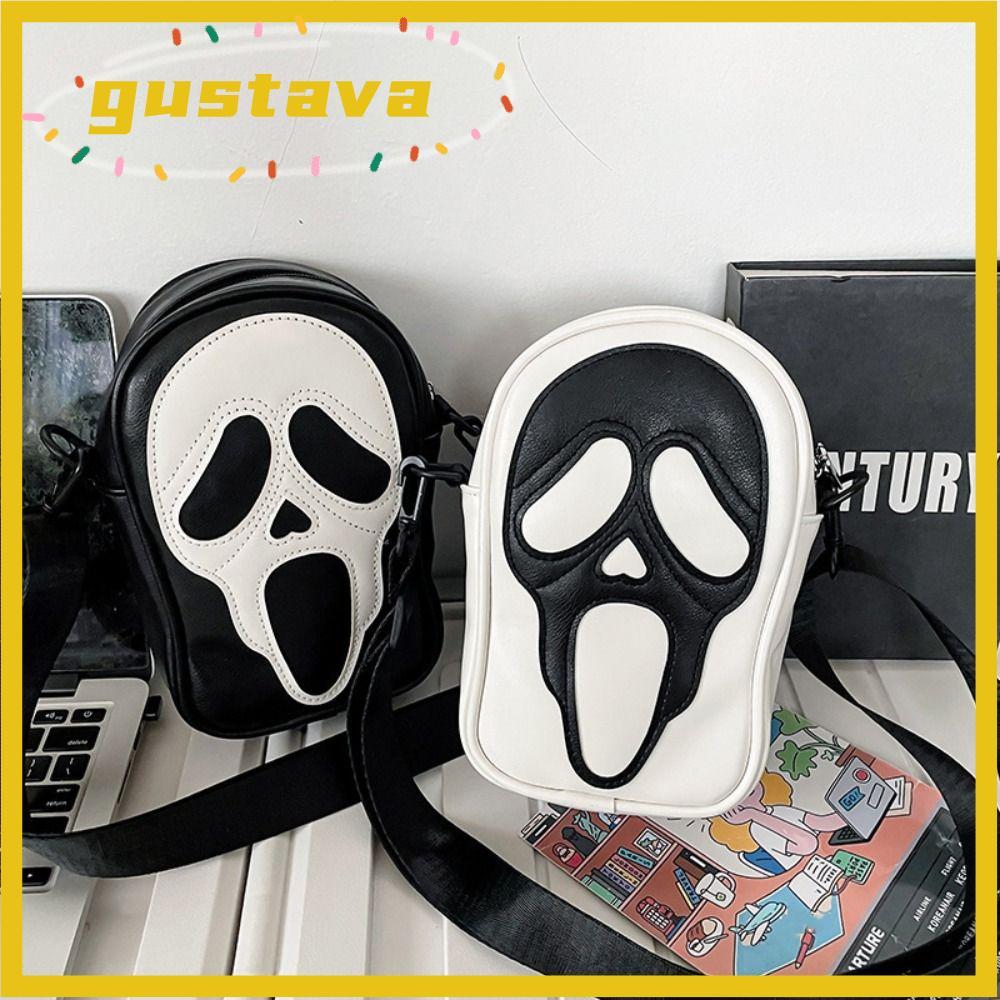 Túi ma quỷ GUSTAVA, Túi đeo chéo Halloween cổ điển bằng da PU, Gói Fanny trắng đen thông thường Unisex
