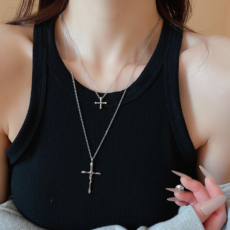Vòng cổ mặt dây chuyền chéo Silver thiết kế xếp chồng đôi - Phụ kiện thời trang cho nữ