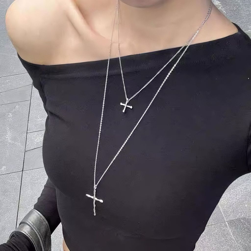 Vòng cổ mặt dây chuyền chéo Silver thiết kế xếp chồng đôi - Phụ kiện thời trang cho nữ