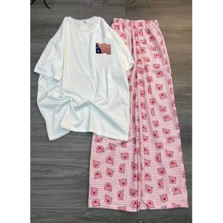 SÉT BỘ ĐỒ NỮ QUẦN HEO HỒNG + PHỐI ÁO PHÔNG TAY NGẮN HÌNH IN Ở NGGUC  -thuba94