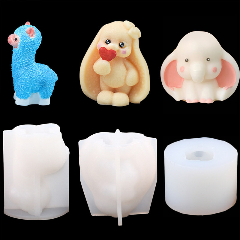 3D Động Vật Series Alpaca Tai Dài Thỏ Voi Gấu Bánh Nướng Khuôn Thạch Cao Nhào Đồ Chơi Khuôn Silicon