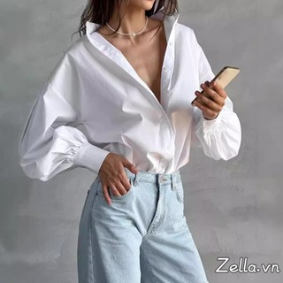 Áo sơ mi rời nút xuống tay dài, thiết kế đèn lồng màu trơn, phù hợp mùa thu