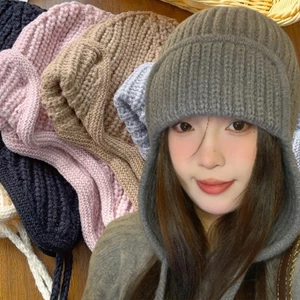 Mũ Beanie Earflap dệt kim Polyester giữ ấm, thiết kế chống gió, phù hợp đi lại mùa đông