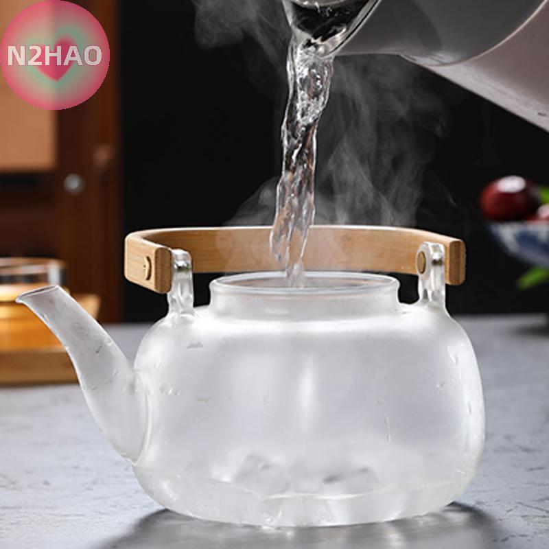 N2HAO Ấm trà thủy tinh sôi chịu nhiệt Tay cầm tre dày Bộ trà gia đình Tay cầm tre Ấm trà Nồi sức khỏe n