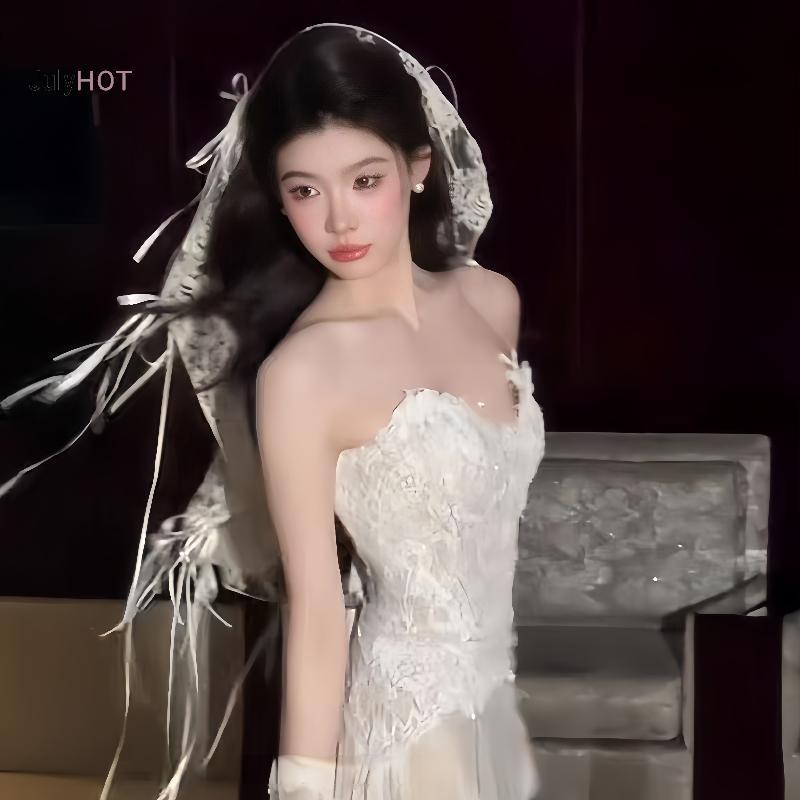 JULYHOT 1 Cái Phong Cách Pháp Thêu Thanh Lịch Ngắn Làm Cỏ Mũ Vintage Full Ren Cô Dâu Khăn Lau Có Nơ Ruy Băng Massivedeals