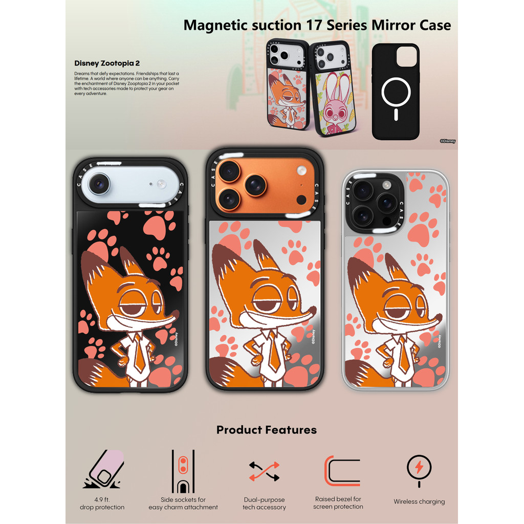 CASECASE X Zootopia 2 Nick Ốp Lưng Đen & Bạc Gương Hút Từ Tính iPhone Dành Cho IPhone 17 Air 16 15 14 13 12 Pro Max Plus Ốp Lưng Cứng Có Hộp Khắc logo