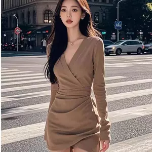 Đầm màu nâu be dự tiệc sang trọng ôm body tiểu thư dạ hội đầm công sở dạo phố tay dài vintage pháp