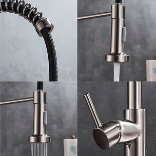 Vòi trộn nước nóng lạnh kéo xuống phong cách lò xo, vòi inox màu vàng chải, vòi nguyên chất đa chức năng, cung cấp nước sạch và tốt cho nhà bếp
