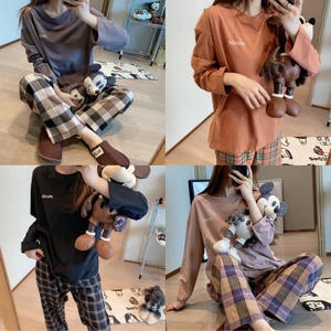 Cửa Hàng Mùa Xuân Thu Dài Tay Bộ Đồ Ngủ Nữ Cổ Tròn Phiên Bản Hàn Quốc Kiểm Tra Hai Mảnh Phù Hợp Với Loungewear Nữ
