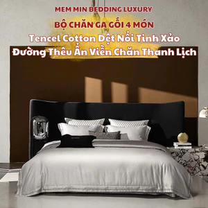 Bộ chăn ga gối Tencel Cotton mịn mượt MemMinbedding Luxury đường thêu ẩn tinh tế thanh lịch - L41677