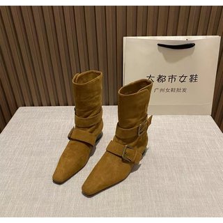 Giày Bốt Ngắn Nữ Mũi Vuông Dày Gót Slip-On Khóa Hai Tay Khóa Thắt Lưng 35-42