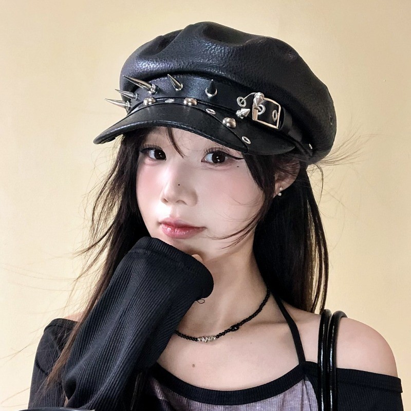 Mũ nồi da đinh tán đen dành cho nữ, phù hợp phong cách họa sĩ, Hip Hop, Y2K - Chống nước và điều chỉnh size