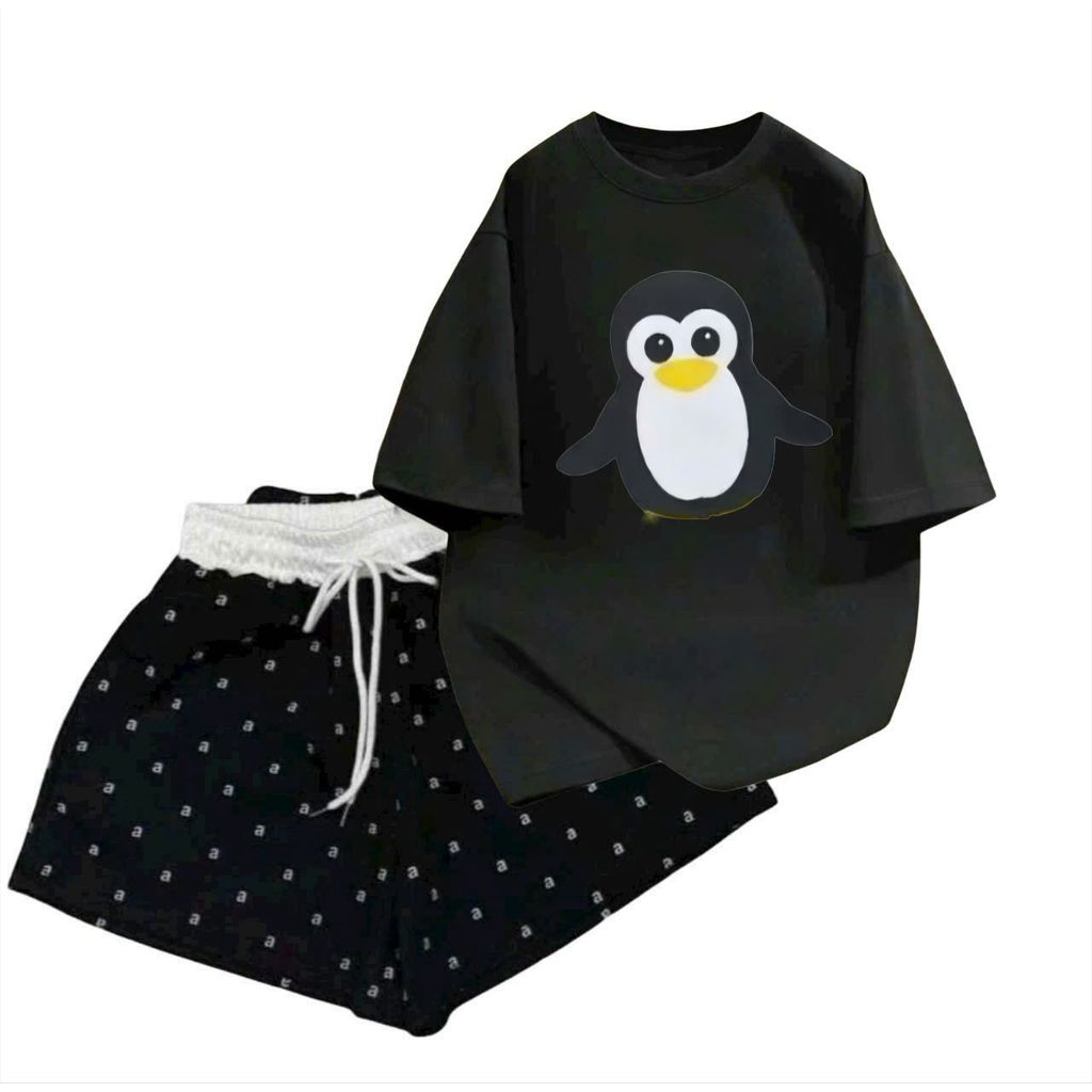 Tổng hợp các sét bộ quần đùi CỘC TRƠN CHỮ AAA+ mix áo phông phom unisex hình-con chim cánh cụt-QUANAO94