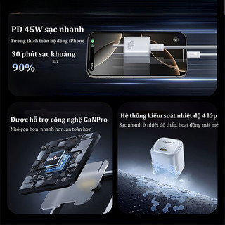 Củ sạc nhanh 45W GaN PD Type-C USB tương thích iPhone 17 16 15 14 13 12 11 Pro Max Samsung OPPO Xiaomi Huawei Android