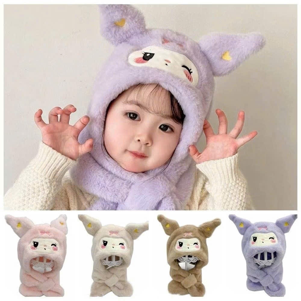 Mũ Bông Kèm Khăn Quàng Cổ Hình Kuromi Đáng Yêu Cho Bé Mũ Trùm Đầu 2 In 1 Quà Tặng Giáng Sinh Cho Bé