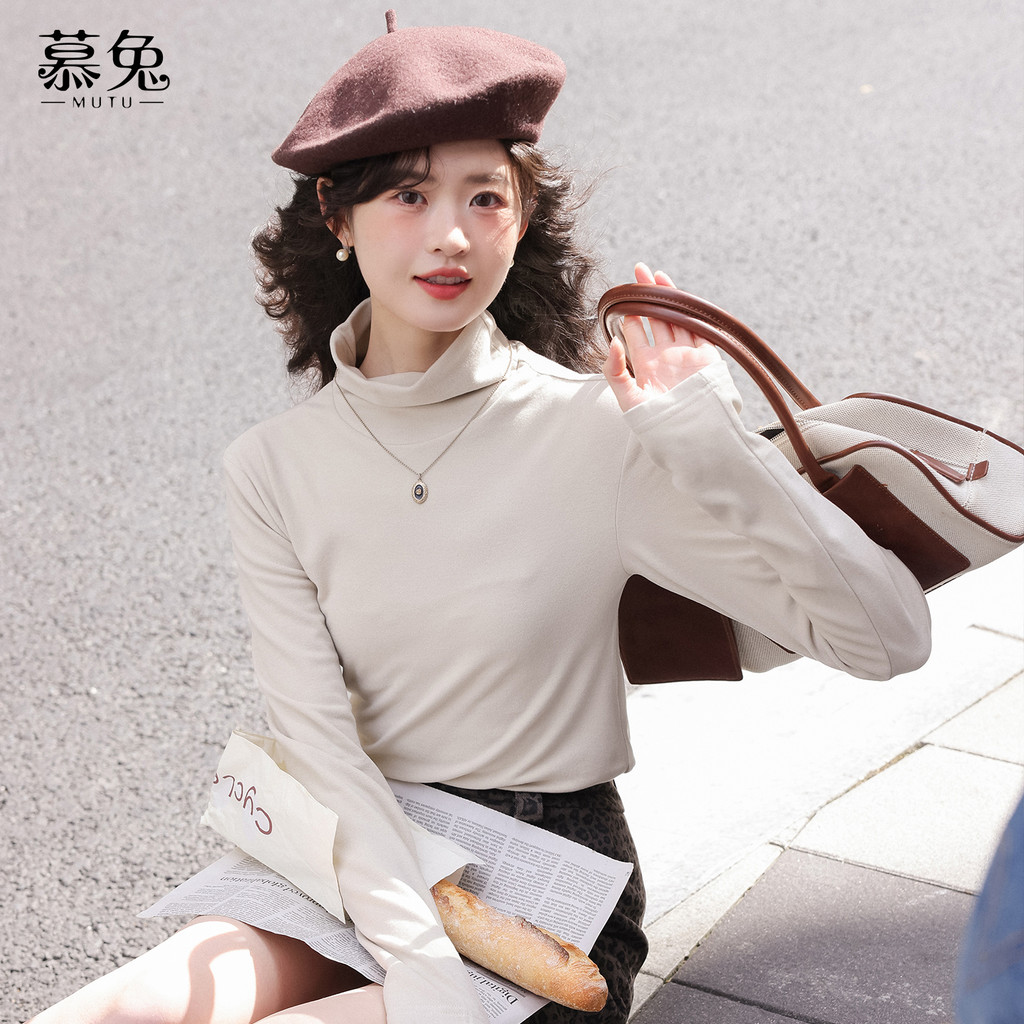 Mutu Áo Thun Nữ Màu Cà Phê Retro, Cổ Cao Tay Dài, Phong Cách Mới Lạ, Perfect Cho Mùa Đông