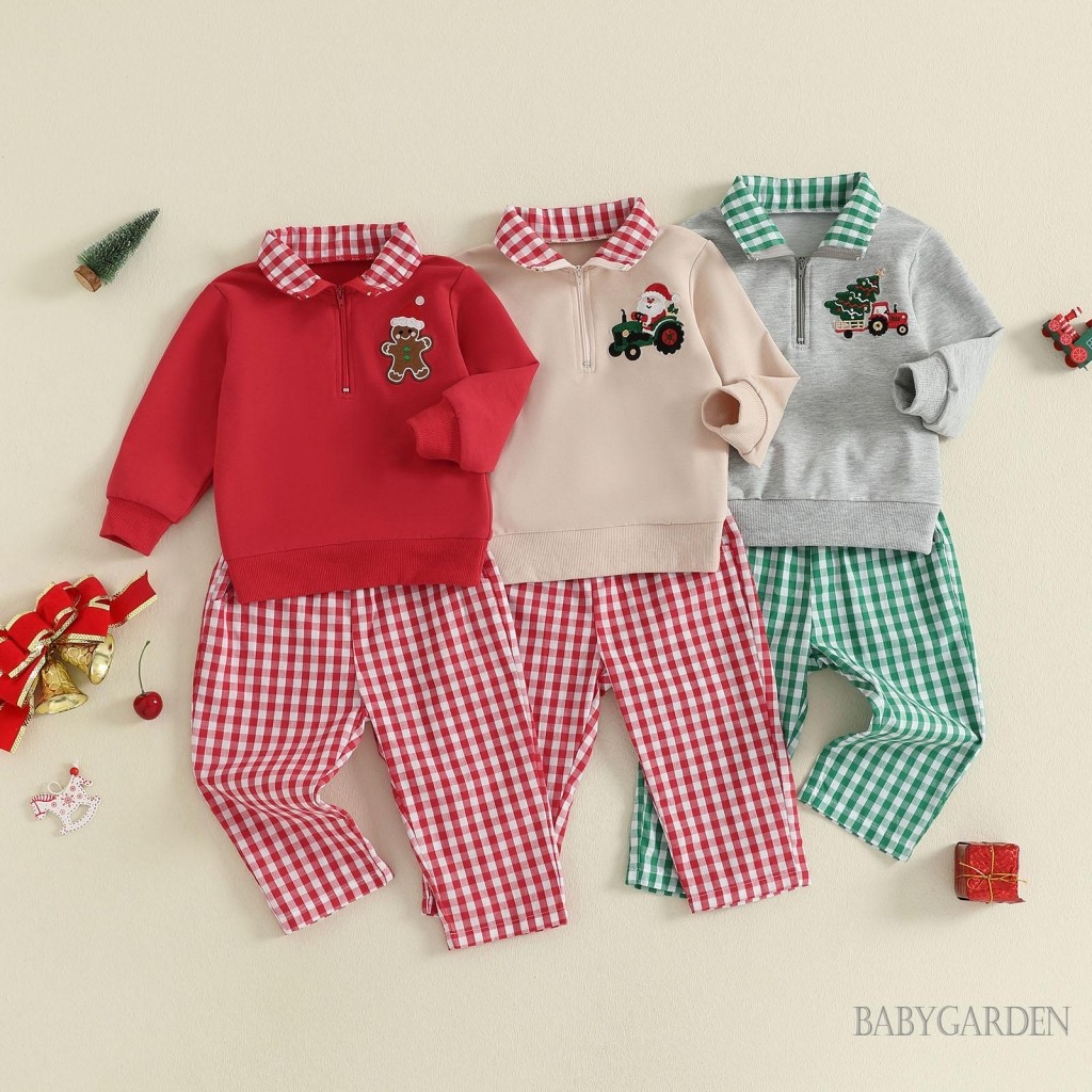 6M-4Y Bé Trai Giáng Sinh 2 Chiếc Bộ Thêu Tay Dài Ve Áo Zip Chui Đầu + Quần Kẻ Sọc Eo Co Giãn