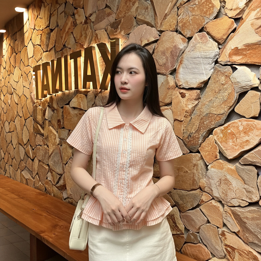 Áo Sơ Mi Tay Ngắn Kẻ Sọc  Kiểu Bèo 2 Tầng Xinh Xắn A51464