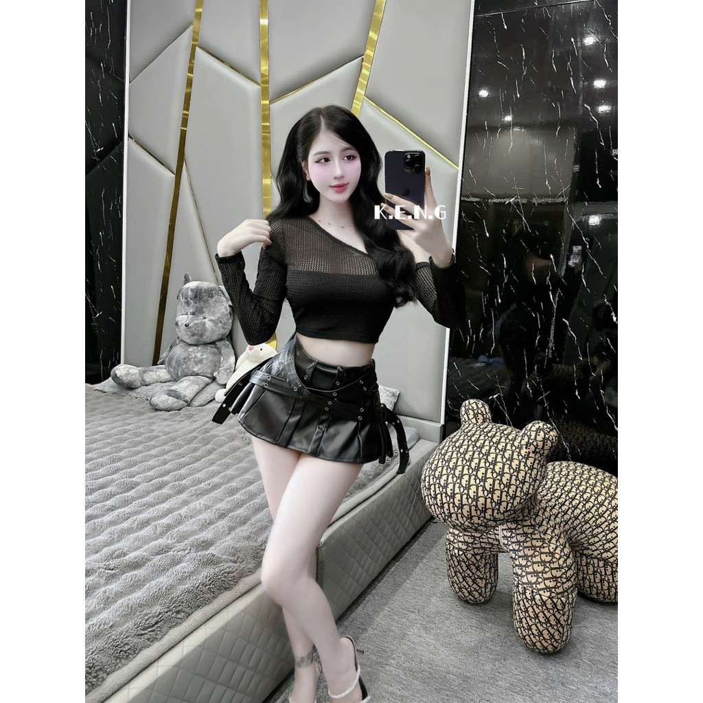 Sét áo lệch vai phối chân  da xoè xếp ly đai oze dập khuy siêu đẹp BYJOLIE