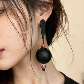 Đôi Bông Tai Gỗ Tròn Retro Phong Cách Pháp, Thiết Kế Giọt Nước Đen