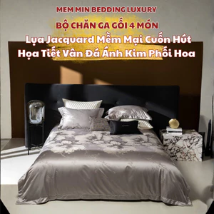 Bộ chăn ga gối Lụa Jacquard Cotton nhẹ nhàng MemMinbedding Luxury họa tiết kim sa phối hoa tinh tế - L41679