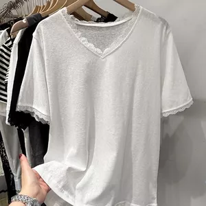 Áo Thun Ngắn Tay Cổ Chữ V Ren Cao Cấp Cho Nữ - Phong Cách Mới Xuân Hè