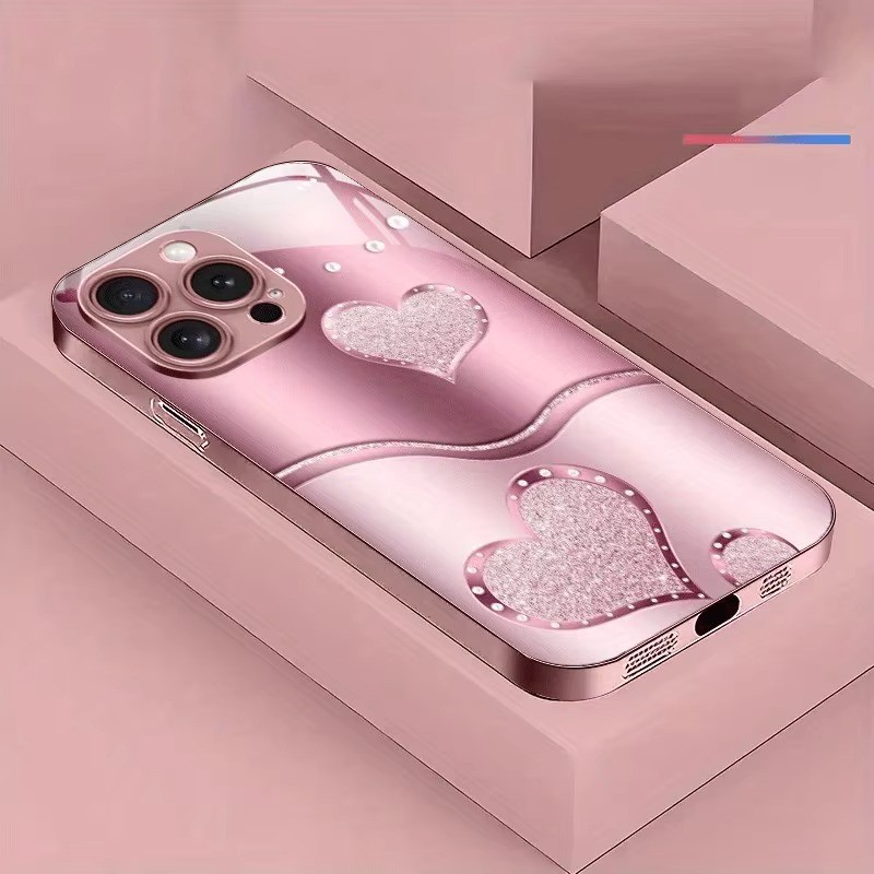Ốp điện thoại cứng hình trái tim tình yêu dễ thương màu hồng bằng kim loại màu hồng cho iPhone 17 Air 17 16 15 14 13 12 11 Pro Max Plus 16E