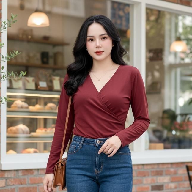 Áo Thun Tay Dài Cổ V Bigsize ESHOP Áo Kiểu Nữ Dài Tay Thun Gân Co Giãn Ôm Body MS518