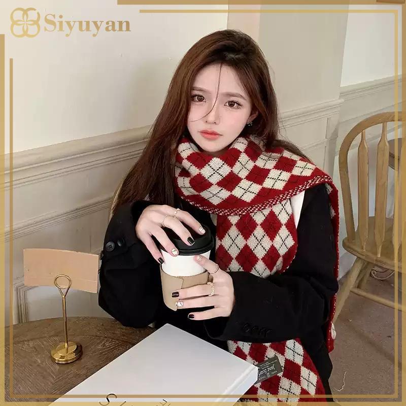 Siyuyan Khăn Len Kẻ Sọc Đỏ Cho Nữ, Dệt Kim Từ Len, Phù Hợp Thời Tiết Mùa Đông