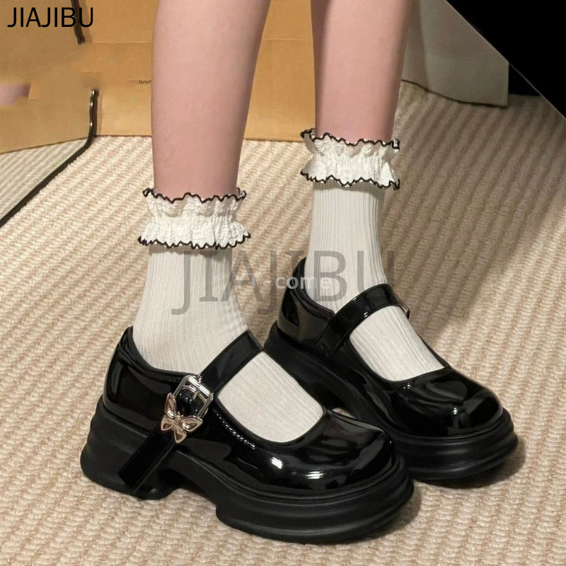 Giày Da Lolita Nhỏ Cổ Điển Đa Năng Phong Cách Học Sinh Nhật Bản Mũi Tròn Chống Trượt Gót Dày Màu Đen Có Nơ Dành Cho Nữ Korean Fashion Casual Patent Leather Mary Jane Shoes Giày Mũi To Cosplay Phong Cách Anh