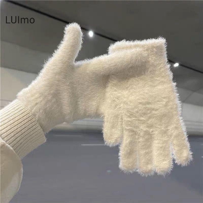 LUImo Giả Chồn Găng Tay Dệt Kim Mùa Đông Ấm Áp Dày Nhung Năm Ngón Găng Tay Nữ Ngoài Trời Đi Xe Đạp Màu Trơn Găng Tay SBS