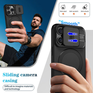 Dành cho iphone 15 Pro Max Ốp điện thoại có nắp máy ảnh trượt Chân đế từ tính Vỏ mỏng chống sốc