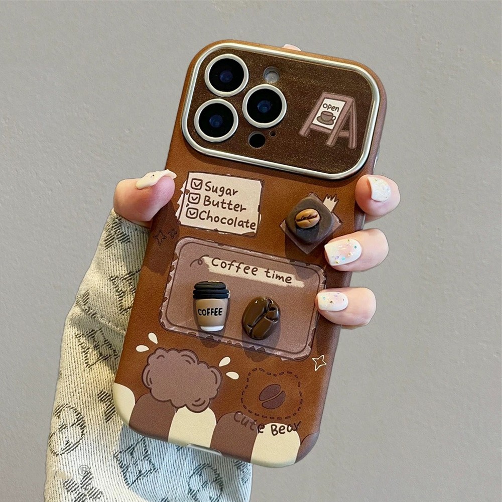 Ốp Điện Thoại Da Cửa Sổ Cà Phê 3D Cookie Cho iPhone 17 Pro Max 16 15 14 13 Vỏ Bảo Vệ Chống Sốc