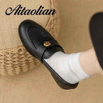 (Size 34-40) Da Thật Chính Hãng Giày Cao Gót 2.5cm Giày Nữ Phong Cách Anh Giày Nữ Thường Ngày Khóa Kim Loại Đơn Giản Giày Nữ Mềm Giày Thời Trang Giày Đen
