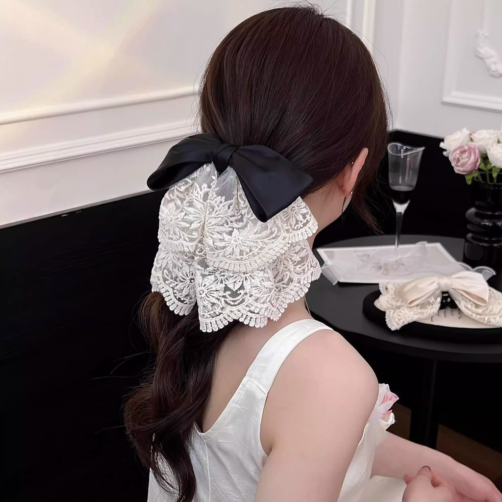 Phụ kiện tóc nơ ren đen trắng tinh tế và cao cấp mới