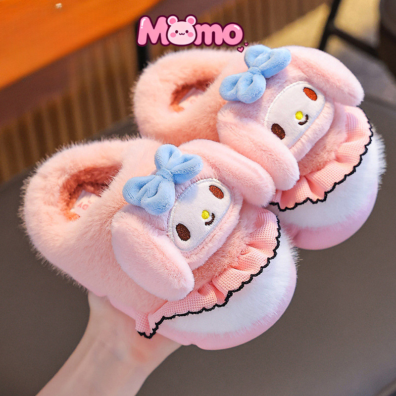 Sanrio Thu Đông Trẻ Em Dép Cotton Bé Gái Lông Cừu Ấm Áp Kuromi Cha Mẹ-Con Nhà Giày Cotton Dày